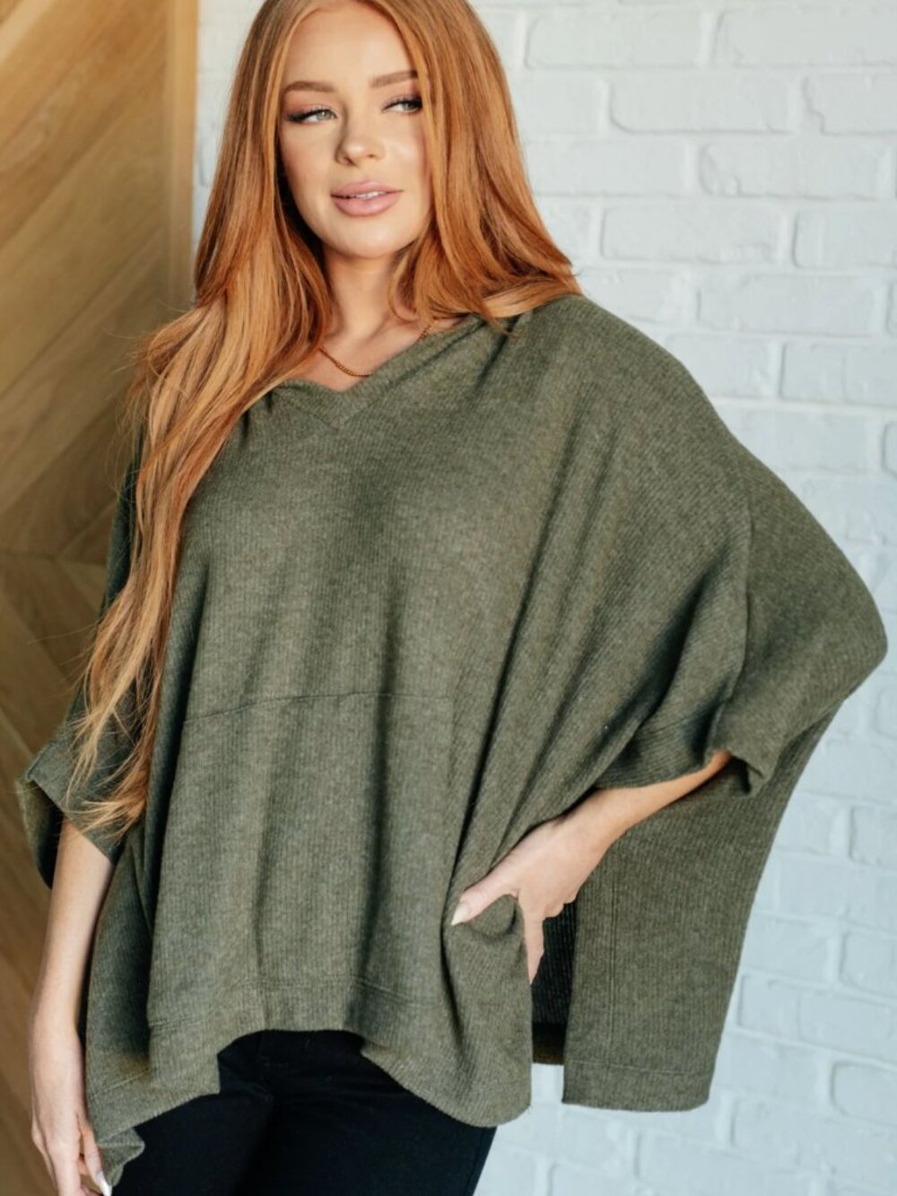 Put Together Olive Hooded Poncho Top